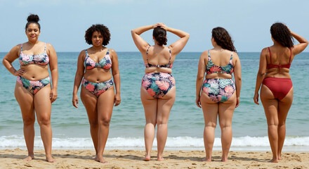 Diverse group of plus size women in bikinis posing on the beach, back view. Body positivity concept style. Inclusivity, self confidence, swimwear fashion and summer travel. For clothing line banner