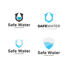 Set of Shield logo accompanied drops of water. Shield water logo.