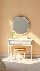 White retro, mid century style dressing table with round vanity mirror, drawer in sunlight on beige fabric texture wallpaper wall bedroom for luxury beauty, cosmetic, furniture product background 3D