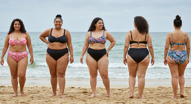 Diverse group of plus size women in bikinis smiling on the beach. Body positivity concept style. Inclusivity, self love, swimwear fashion and summer holiday. For inclusive brand. Horizontal banner