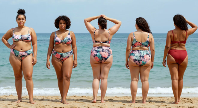 Diverse group of plus size women in bikinis posing on the beach, back view. Body positivity concept style. Inclusivity, self confidence, swimwear fashion and summer travel. For clothing line banner