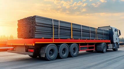 Flatbed truck loaded with steel beams parked at industrial manufacturing plant