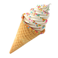 Soft serve ice cream cone with colorful sprinkles on a sunny day