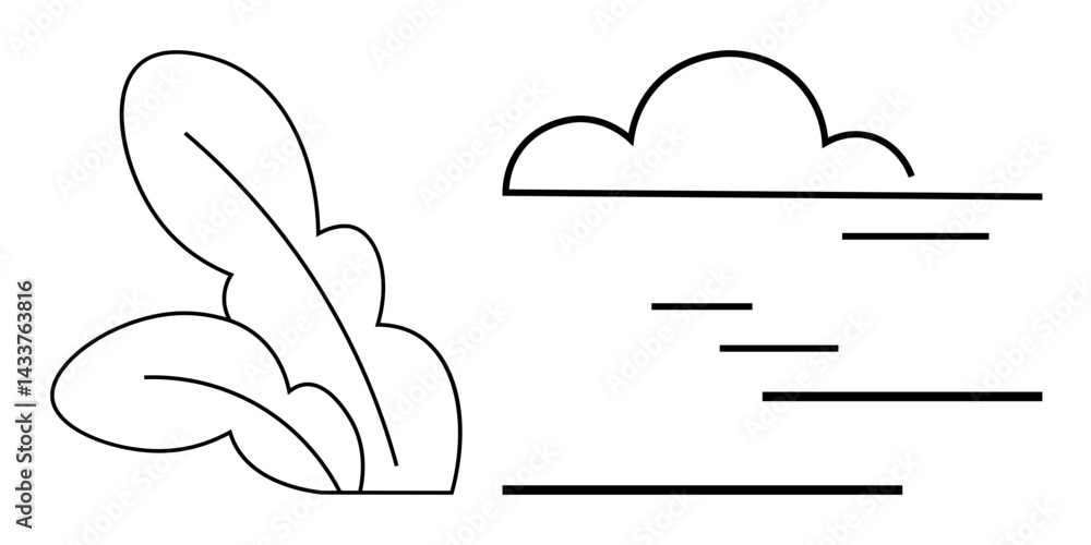 Poster simple outlined leaves and cloud with horizontal dash lines suggesting motion or breeze. ideal for n