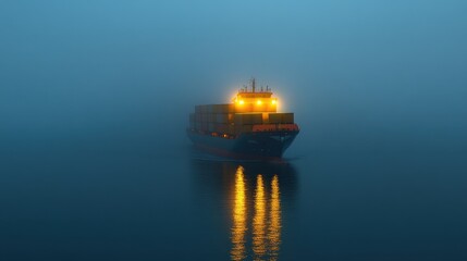 Naklejka premium Freight ship sailing through heavy fog with blinking navigation lights