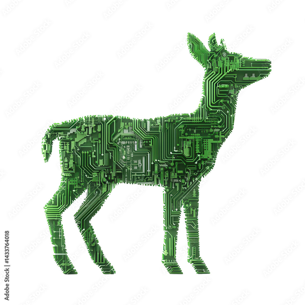 Poster nature conservation concept. digital deer silhouette composed of circuit patterns on a black backgro