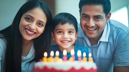 A video presents an Indian mother, father and young son leaning close to a birthday cake glowing with colorful candles. Concept of family celebration and parental love.