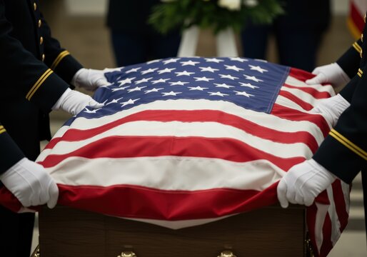 Military personnel carefully drape the American flag over a casket during a funeral ceremony.