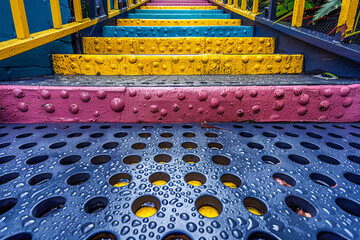 Colorful outdoor staircase with water droplets on metal grating