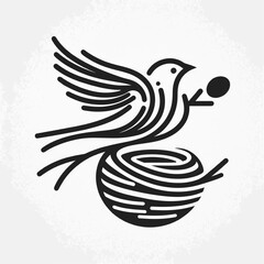 Obraz premium A stylized image of a bird leaving its nest, carrying a seed/egg.
