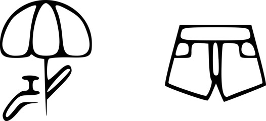 Simple Line Drawings of a Parasol and Shorts Perfect for Summer Fashion or Beach Vacation Designs