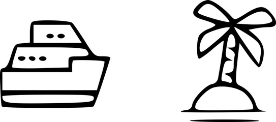 Cruise Ship Approaching Tropical Island Paradise A Simple Line Drawing Illustration