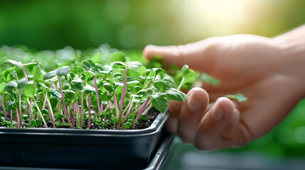 Indoor microgreens cultivation under pink led lights urban garden agriculture techniques controlled environment close-up view sustainable growth practices