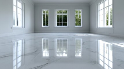 Empty, bright, spacious room with polished marble floor and large windows