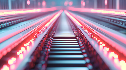 A futuristic perspective of illuminated train tracks, showcasing vibrant red and blue lighting in a sleek, modern environment.