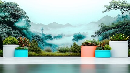 Naklejka premium Modern garden display with plants and a misty mountain backdrop