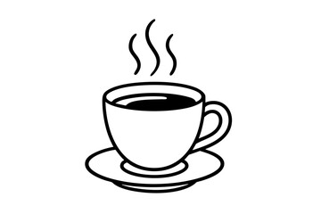 Obraz premium Simple black and white line art illustration of a steaming hot beverage in a classic cup and saucer, symbolizing warmth, comfort, caffeine, and everyday coffee or tea drinking culture 