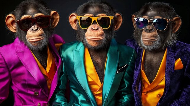 Trendy chimpanzee rock band showcasing stylish outfits
