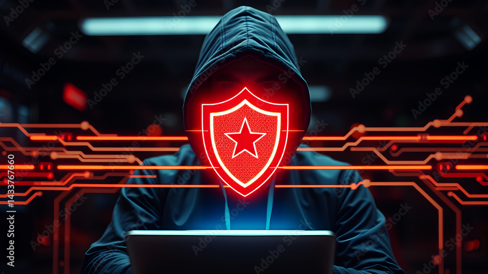 Poster hacker blocked by glowing shield and firewall lines, showing real-time cyber defense