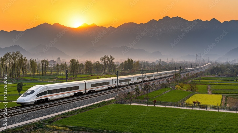 Poster high-speed train tracks stretching across open fields with mountains in the background