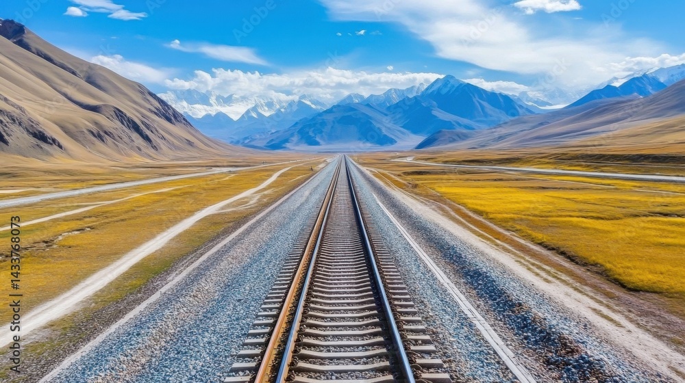Aufkleber high-speed train tracks stretching across open fields with mountains in the background