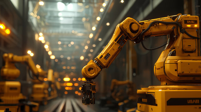 A robotic arm in a factory setting, illuminated by warm lights, showcases advanced automation technology in an industrial environment.