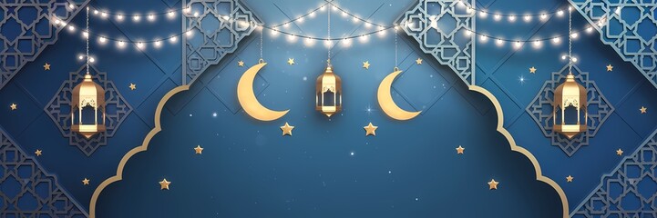 Mesmerizing Ramadan Background with Deep Blue Gradient Islamic Ornaments Golden Lanterns Soft Glowing Crescent Moon Enhancing Sacred Atmosphere of the Holy Month with Elegant Minimalistic Decorations