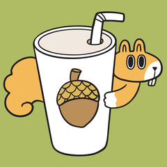 Cute digital cartoon squirrel and coffee line drawing.