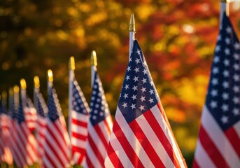 Close up of american flags on display in the sunlight, showing patriotism.