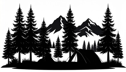 Obraz premium Black silhouette of mountains and fir trees camping adventure wildlife landscape 