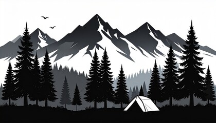 Black silhouette of mountains and fir trees camping adventure wildlife landscape 