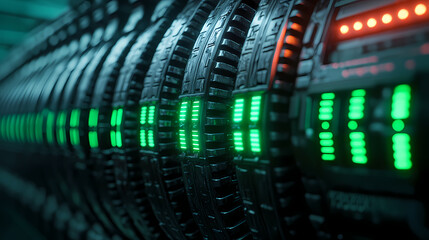 A close-up view of interconnected, illuminated server units showcasing green lights, symbolizing advanced technology and data processing.