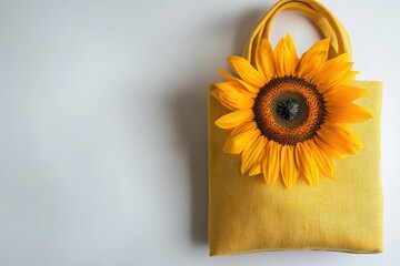 A sunny disposition with a bright yellow sunflower adorning a matching fabric tote bag, symbolizing joy and a fresh perspective on spring.