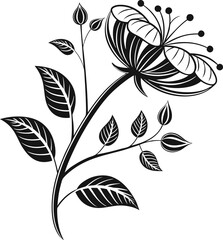Stylized Flower Silhouette with Leaves and Layered Petals Vector