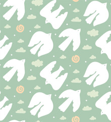 Abstract bird shapes seamless pattern. Contemporary naive art flat cartoon background, simple birds flying in bright pastel sky colors. Flat hand drawn vector illustration.