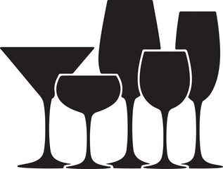 Collection of Black Silhouettes of Wine Glasses and Martini Glass