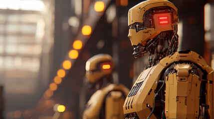 A futuristic scene featuring humanoid robots with yellow exteriors, set in an industrial environment illuminated by warm, ambient lighting.