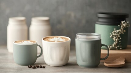 A serene arrangement of stylish coffee cups, showcasing latte art, with decorative jars and a natural background, creating a cozy atmosphere.