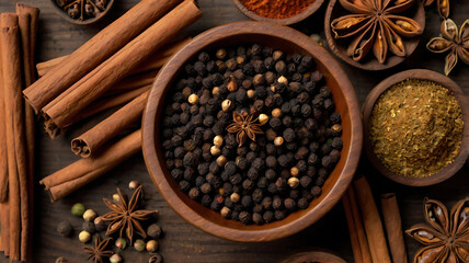 Warm and Earthy Composition of Black Pepper, Star Anise, and Cinnamon, with Hints of Other Spices, on a Wooden Surface.
