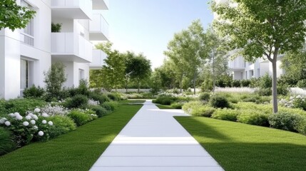Naklejka premium Modern apartment complex with landscaped courtyard. Lush greenery surrounds a paved walkway, leading through the heart of the development, between white buildings