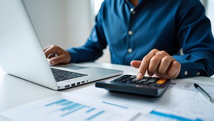 Close up businessman hand using calculator to budgeting and tax calculation monthly expenses. budget management and accounting on table. Business finance accounting banking concept.