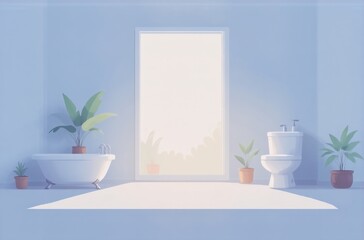 Serene minimalist bathroom; sunlight streams through a large window illuminating a white bathtub, toilet, and potted plants.  A tranquil, avatar-like setting.