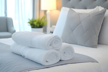 Soft and elegant bedding with spa towels for home comfort and travel accommodation themes