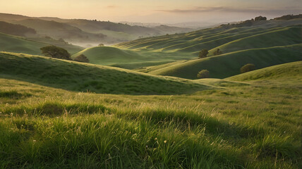 Fototapeta premium Beautiful undulating green hills under the soft light of sunrise or sunset.