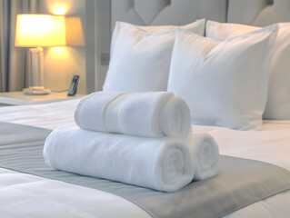 Luxury hotel bed with folded white towels for hospitality, lifestyle, and interior branding
