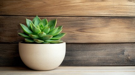 Green Succulent in a Speckled Pot Against Wooden Background