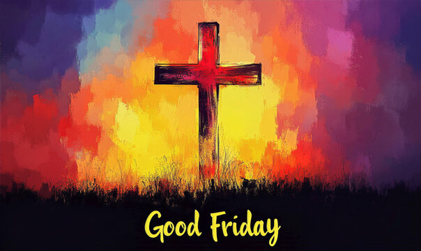 Colorful cross silhouette set against a vibrant background symbolizes Good Friday, highlighting its importance in Christianity, faith, and reflection - Powered by Adobe