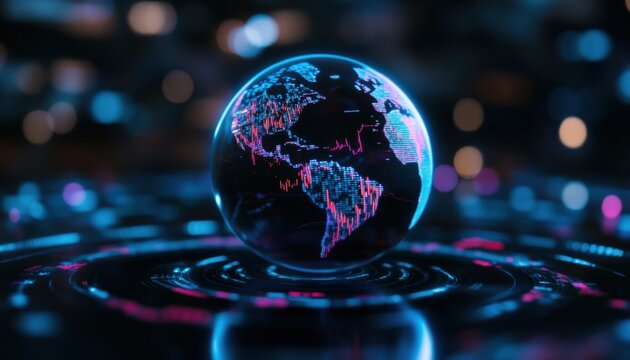 A futuristic, glowing globe displays data and digital patterns, symbolizing technology and global connectivity. - Powered by Adobe