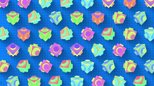 A repeat looping pattern of colourful iridescent spinning 3D shapes over a blue grid background.