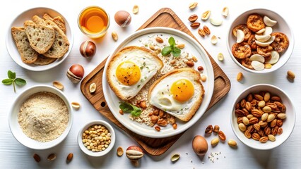 Healthy Breakfast Ideas: Delicious Fried Eggs, Toasted Bread, Nuts & Oats - Nutritious Morning Meal